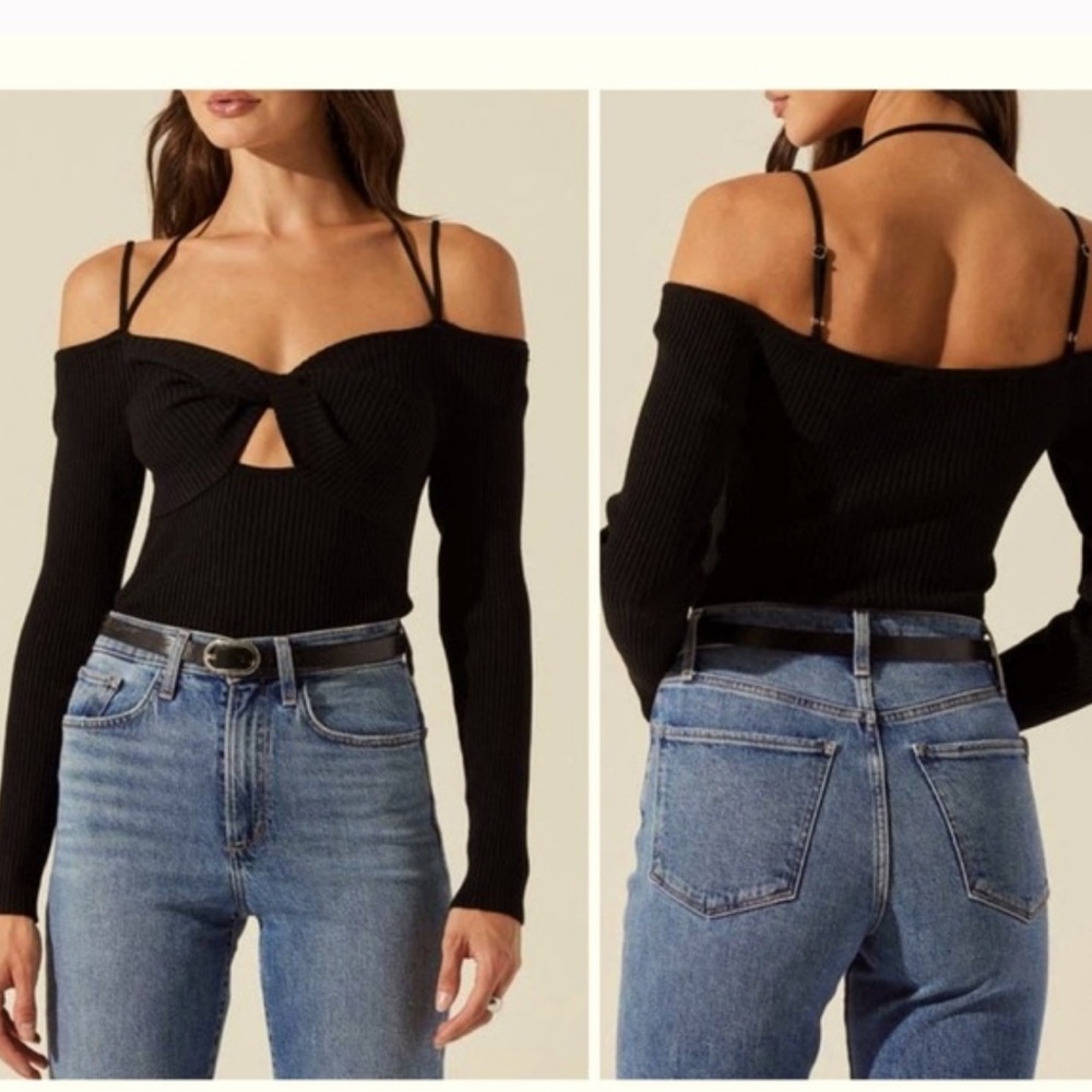 63. ASTR the Label Twist Front Ribbed Strappy Top Cut-Out Detail, Off Shoulder